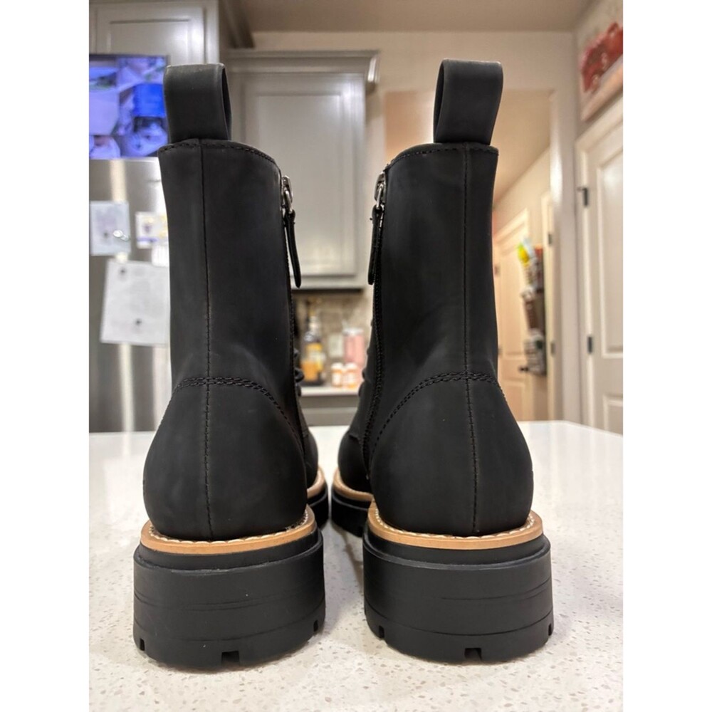 TOMS Black Combat Leather Boots Lace Up Side Zip Womens Size 7 Like New - Picture 4 of 10